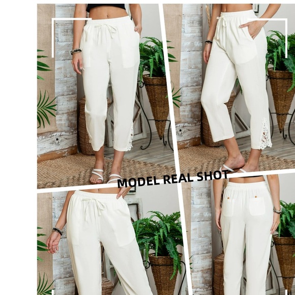 White Lace Trim Women's Pants - Picture 4 of 7